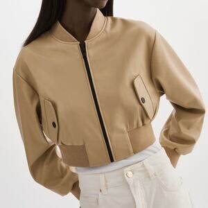 LAMARQUE Evelin Faux Leather Cropped Bomber in "Wheat" Tan Brown Size Small